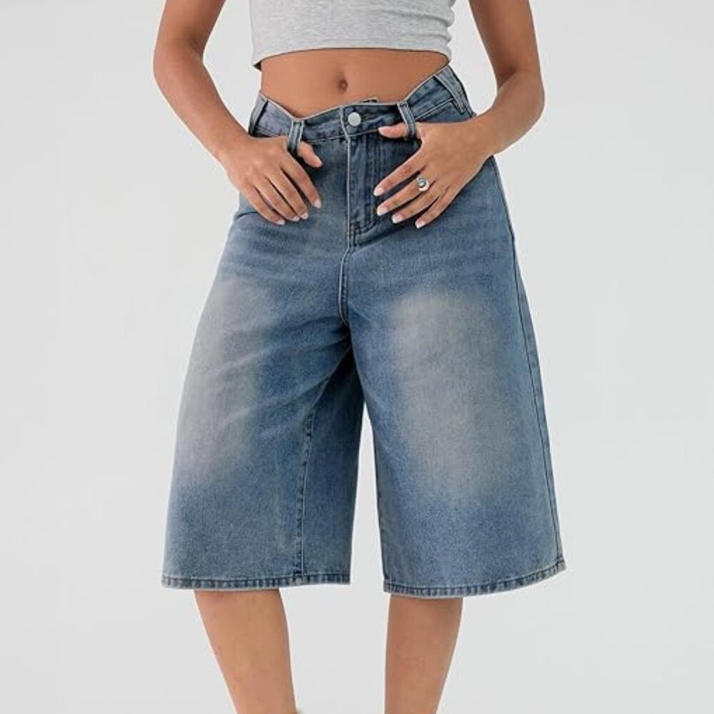 Women Jean Jorts Baggy Loose Fit Jean Shorts 2025 Summer Trendy Wide Leg Long De
